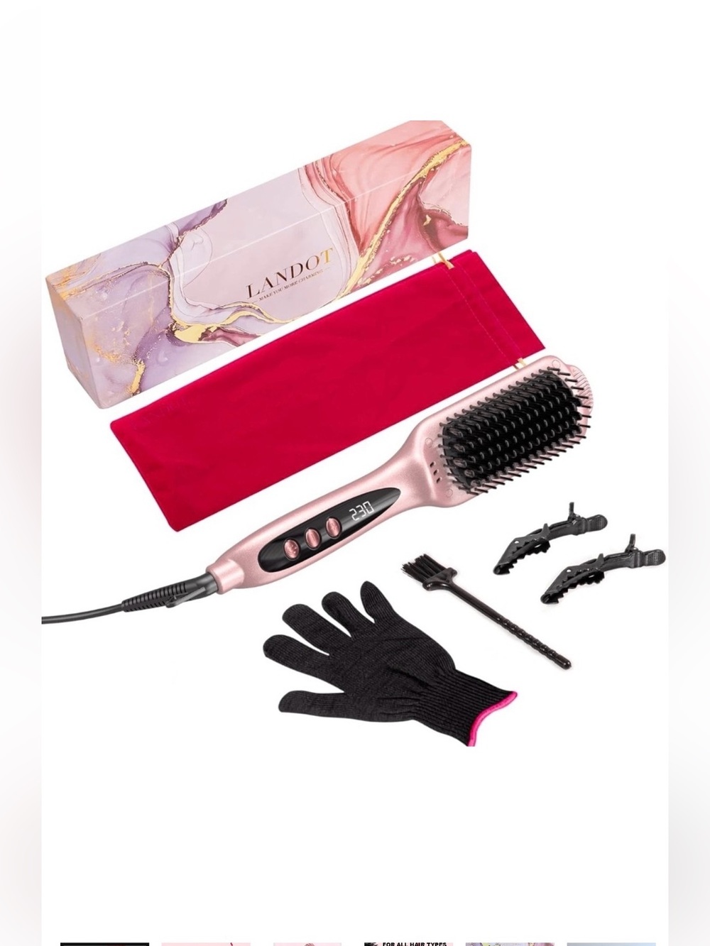 LANDOT Hair Straightener Brush for Smooth FrizzFree Hair, rose gold